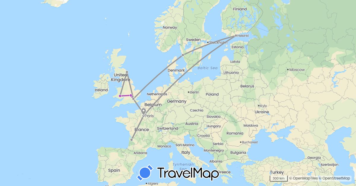 TravelMap itinerary: plane, train in Finland, France, United Kingdom, Sweden (Europe)